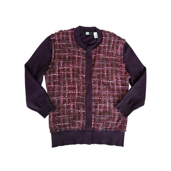 Saks Fifth Avenue Old Money Cashmere Cardigan L Tweed Boucle Preppy Sweater Plum - Picture 1 of 6